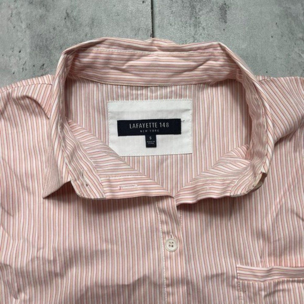 Lafayette 148 Orange White‎ Striped 3/4 Sleeve Button Front Stretch Shirt Sz S - Picture 4 of 7